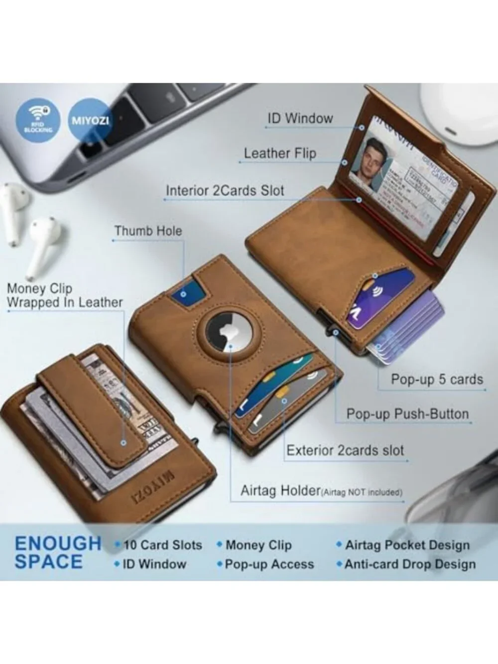 Slim RFID Blocking Wallet with Money Clip, Pop-Up Card Holder, Gift Box Included